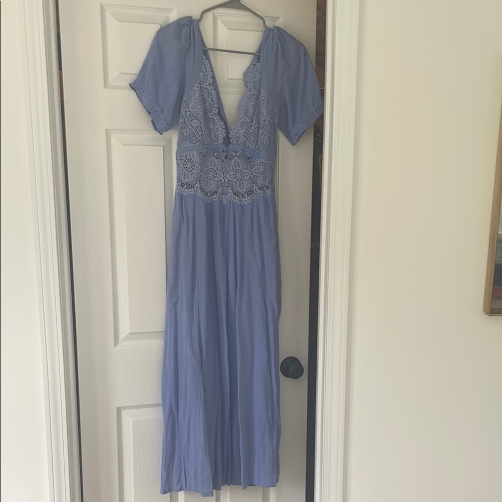 Free People Blue Pleated Maxi Dress with Flutter Sleeves, NWT, Medium